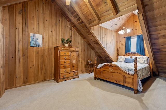 bedroom with light carpet, wooden walls, vaulted ceiling with beams, and wooden ceiling