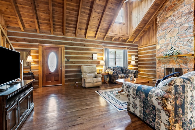 living room featuring high vaulted ceiling, log walls, wooden ceiling, a fireplace, and dark hardwood / wood-style flooring