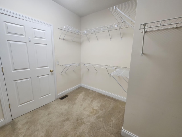 walk in closet featuring light carpet