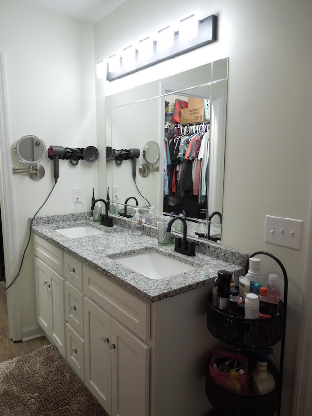 bathroom with double vanity, a walk in closet, and a sink