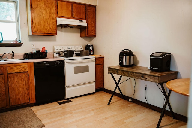 kitchen with white electric range, light hardwood / wood-style floors, sink, and dishwasher