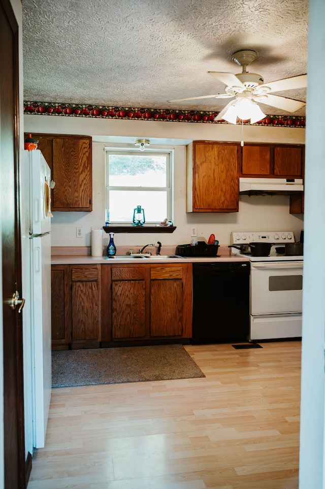 kitchen with a textured ceiling, white appliances, sink, and light hardwood / wood-style flooring