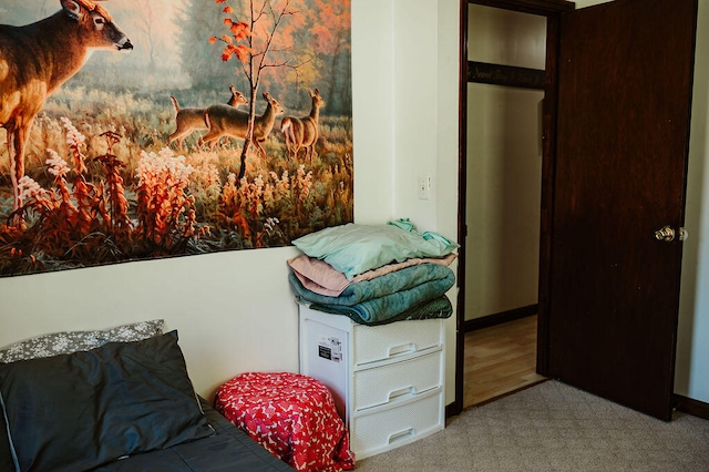 bedroom featuring light carpet