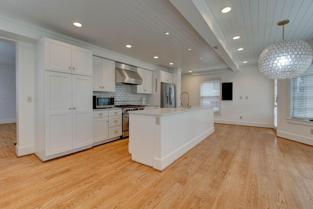 kitchen with white cabinets, decorative backsplash, wall chimney exhaust hood, and stainless steel appliances