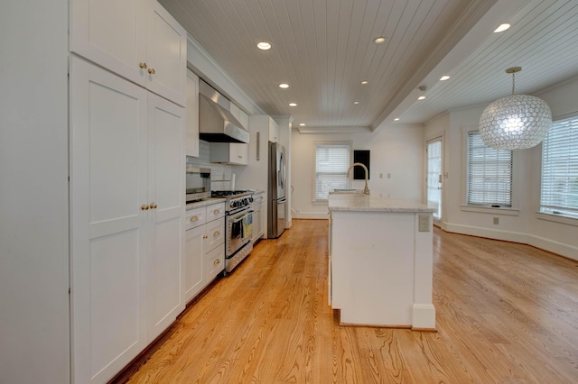 kitchen with white cabinetry, wall chimney exhaust hood, and stainless steel appliances