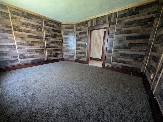 carpeted empty room featuring wood walls