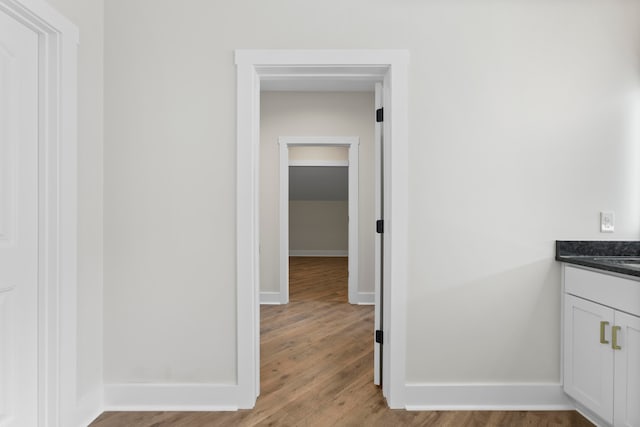 bathroom with wood-type flooring and vanity