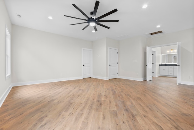 unfurnished living room with light hardwood / wood-style floors and ceiling fan