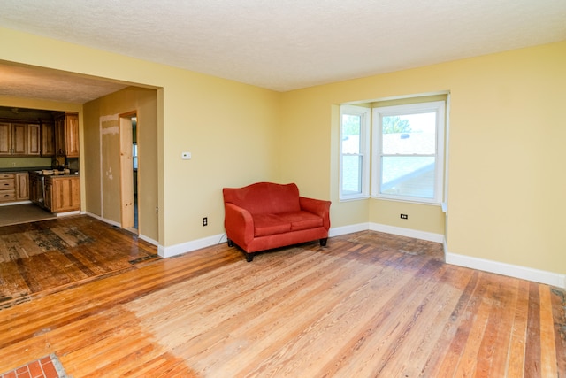 sitting room featuring a textured ceiling and light wood-type flooring
