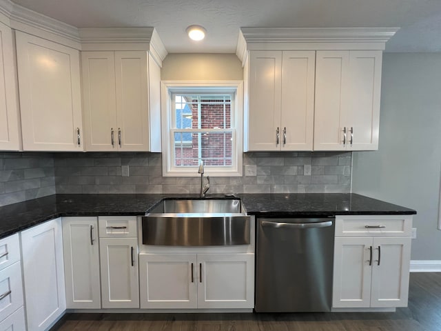 kitchen with stainless steel dishwasher, dark hardwood / wood-style floors, decorative backsplash, and white cabinetry