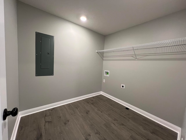 laundry area featuring hookup for an electric dryer, dark hardwood / wood-style floors, hookup for a washing machine, and electric panel