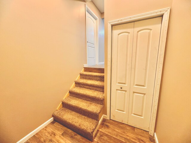 stairs featuring hardwood / wood-style floors