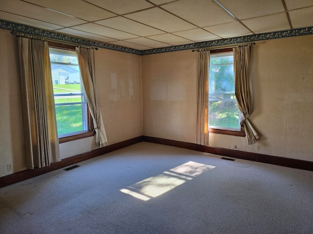 carpeted spare room featuring a paneled ceiling and a wealth of natural light