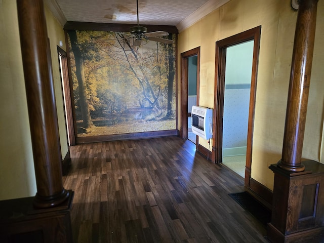 595 Bethel Ridge Rd, Sharpsburg, KY 40374 - unfurnished dining area with heating unit, decorative columns, baseboards, dark wood-style floors, and crown molding