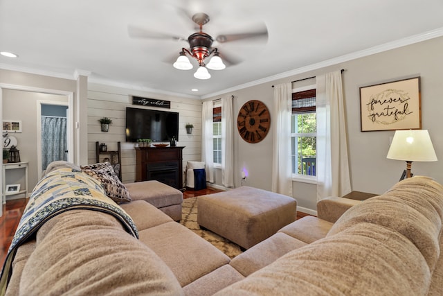 living room featuring hardwood / wood-style floors, ceiling fan, and crown molding