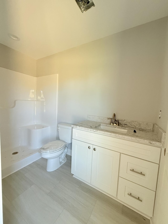 bathroom with vanity, toilet, and walk in shower