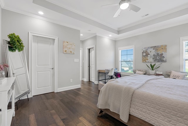 bedroom with crown molding, ceiling fan, and dark hardwood / wood-style flooring