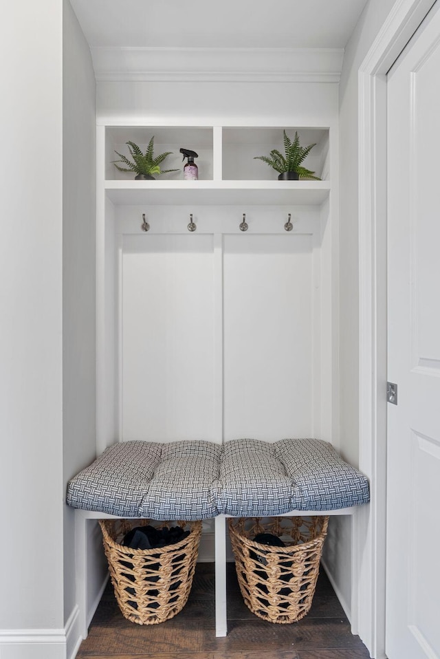 mudroom featuring wood-type flooring and crown molding