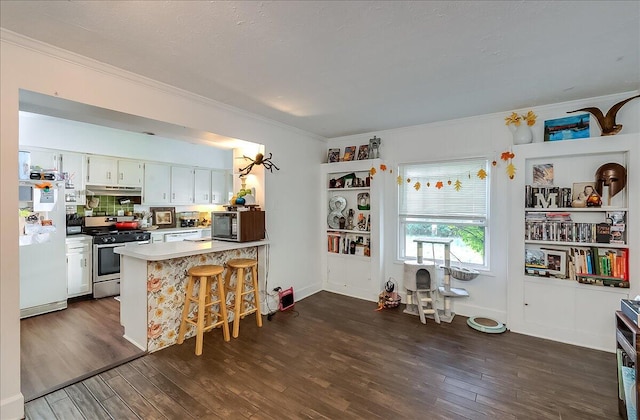 kitchen with white refrigerator, kitchen peninsula, white cabinetry, stainless steel stove, and a breakfast bar area