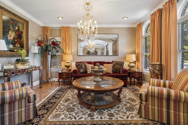 interior space with ornamental molding, baseboards, a notable chandelier, and wood finished floors