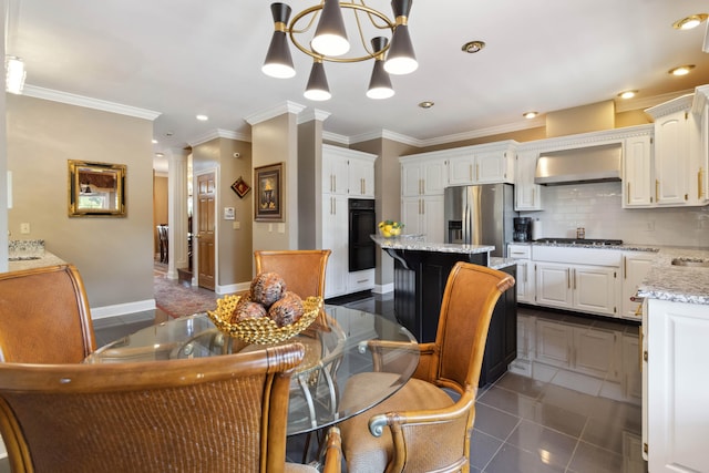 dining space with dark tile patterned floors, baseboards, ornamental molding, a chandelier, and recessed lighting