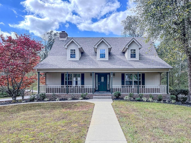 cape cod home with covered porch and a front lawn