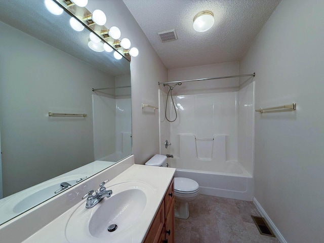 full bath with visible vents, toilet, a textured ceiling, and vanity