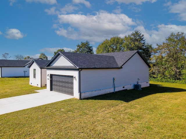 view of property exterior with a garage and a lawn