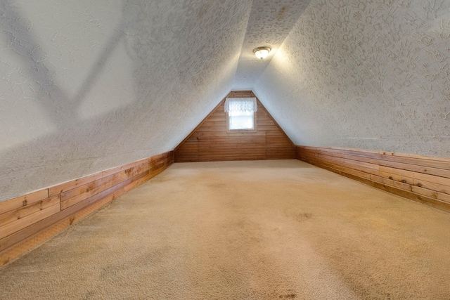 bonus room with wood walls, a textured ceiling, and carpet flooring