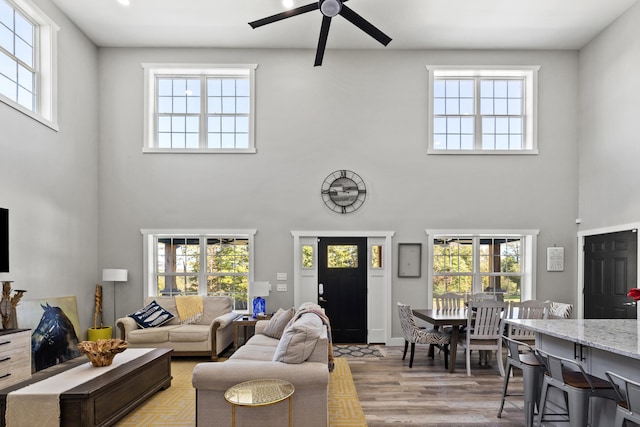 living room with a high ceiling, ceiling fan, and light hardwood / wood-style floors