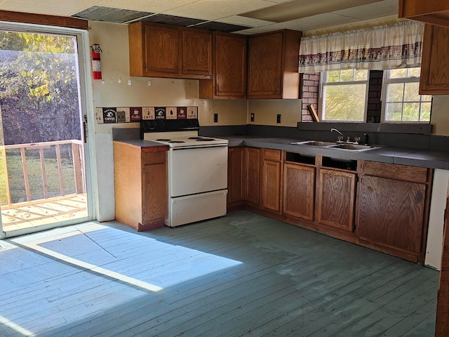 kitchen with sink, light wood-type flooring, a paneled ceiling, and white electric stove