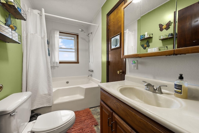 full bathroom featuring vanity, toilet, and shower / bathtub combination with curtain