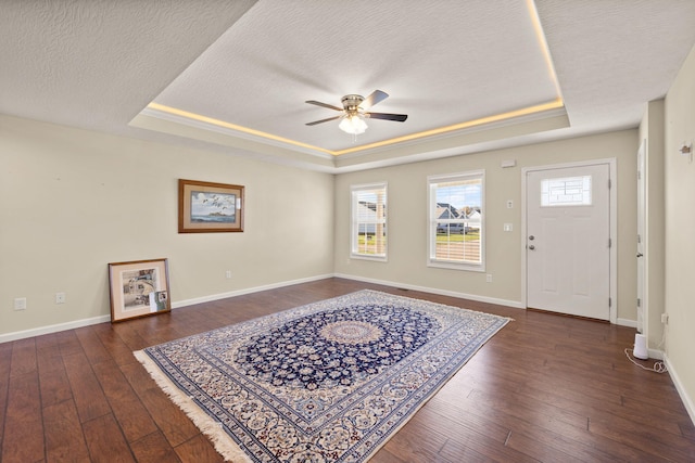 foyer featuring a tray ceiling, a textured ceiling, and dark hardwood / wood-style floors