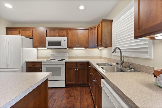 kitchen with dark hardwood / wood-style flooring, sink, and white appliances