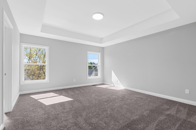 carpeted empty room with a raised ceiling and baseboards