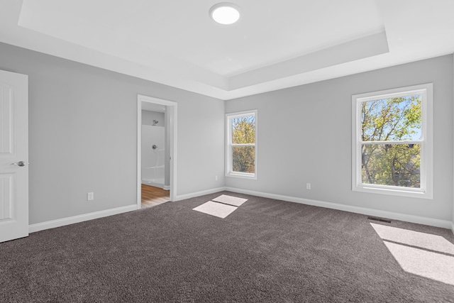 carpeted spare room featuring a raised ceiling, visible vents, and baseboards