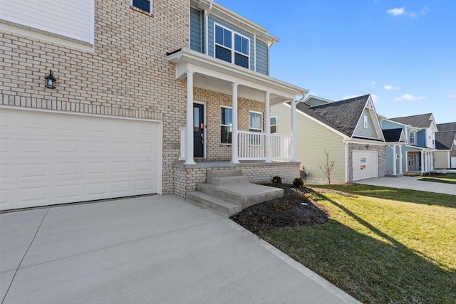 view of front of home with brick siding, covered porch, a residential view, driveway, and a front lawn