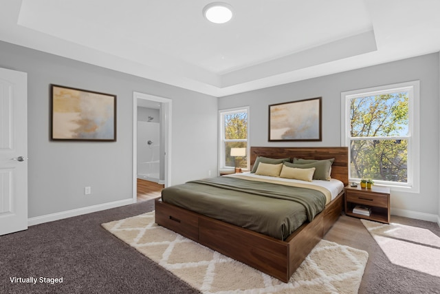 437 Friendly Ave, Nicholasville, KY 40356 - carpeted bedroom featuring a raised ceiling, baseboards, multiple windows, and connected bathroom