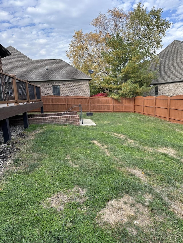 view of yard with a fenced backyard and a deck