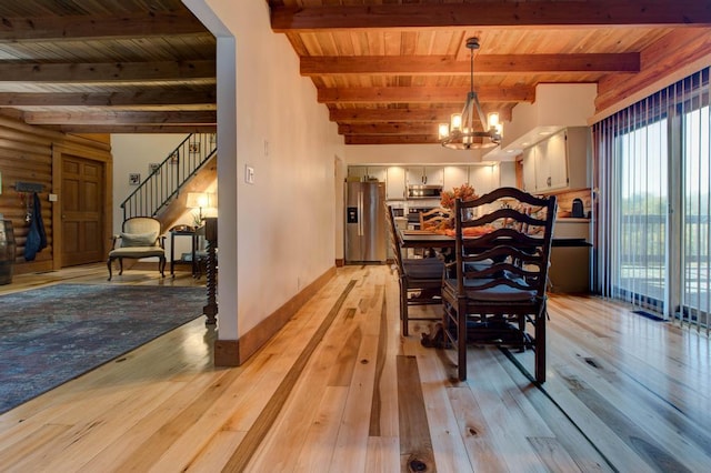 dining space featuring wooden ceiling, light hardwood / wood-style floors, beamed ceiling, and a notable chandelier