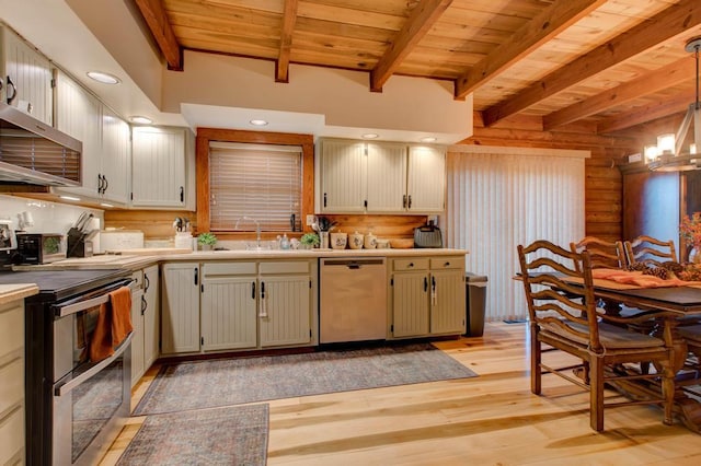 kitchen featuring pendant lighting, beamed ceiling, appliances with stainless steel finishes, wooden ceiling, and light hardwood / wood-style floors