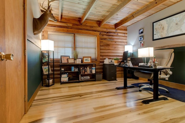 office with beamed ceiling, light hardwood / wood-style floors, wooden ceiling, and log walls