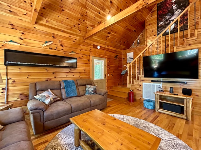 living room with beamed ceiling, wood walls, high vaulted ceiling, wooden ceiling, and hardwood / wood-style floors