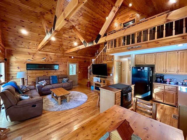 living room featuring high vaulted ceiling, beam ceiling, wooden ceiling, and light hardwood / wood-style flooring