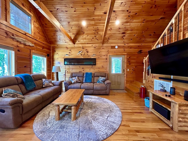 living room with beamed ceiling, wooden walls, high vaulted ceiling, wood ceiling, and light hardwood / wood-style floors