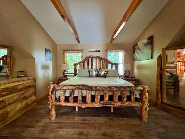 bedroom with dark wood-type flooring and lofted ceiling with beams