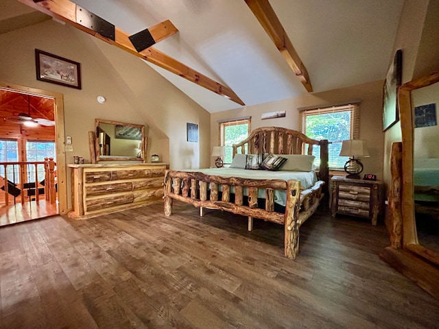 bedroom with high vaulted ceiling, beam ceiling, and wood-type flooring