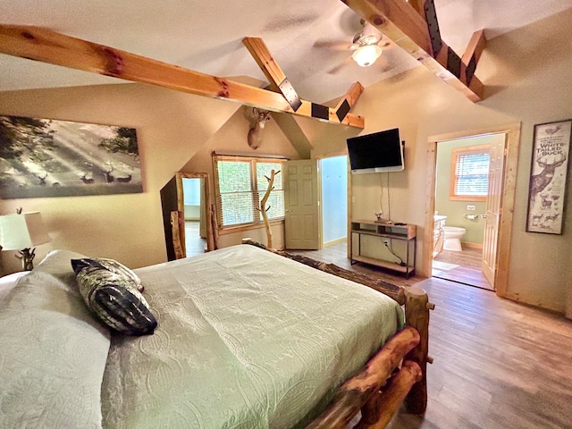 bedroom with ceiling fan, multiple windows, lofted ceiling with beams, and wood-type flooring