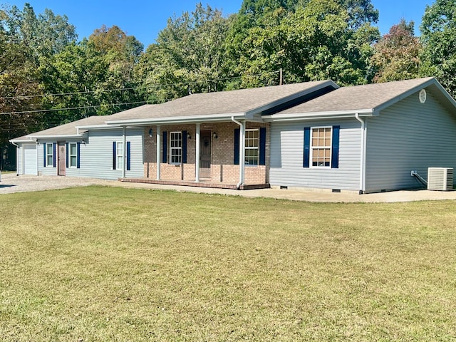 single story home featuring a front lawn and central AC unit