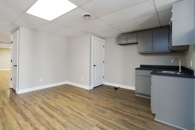 kitchen featuring visible vents, a sink, dark countertops, dark wood-style floors, and a drop ceiling